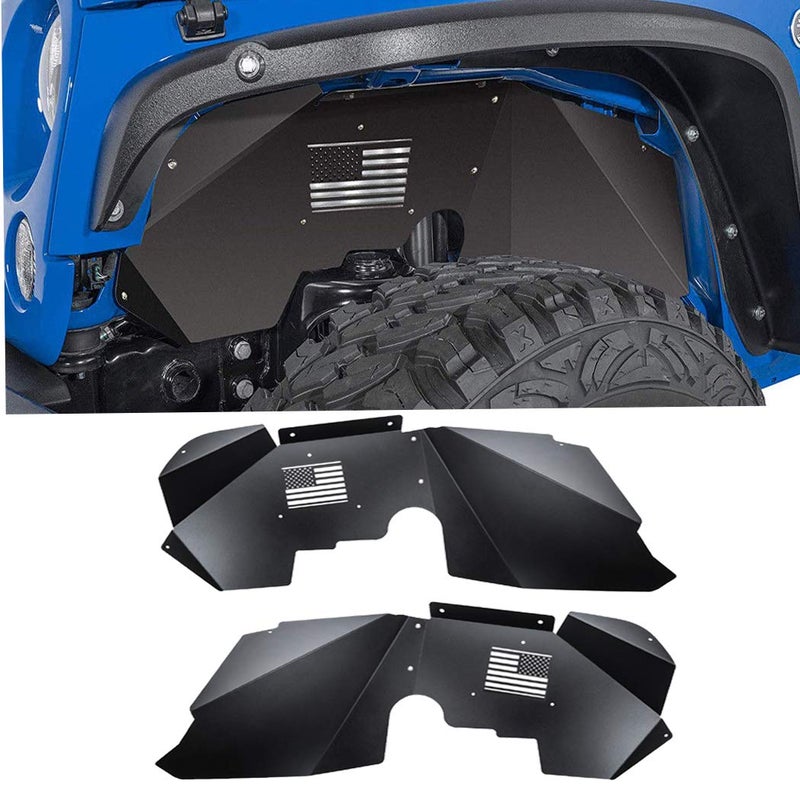 SMALLFATW Front Inner Fender Liner Compatible with Wrangler 2007-2018 JK JKU & Unlimited 2/4 Doors, US Flag Pattern, JK Accessories, Black Aluminum Fenders Wheel 2PCS - Image 1